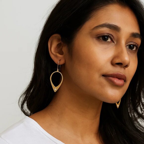 New 14K Gold Plated Drop Hoop Earrings Sterling Silver Diamond Fancy Formal - Picture 1 of 7